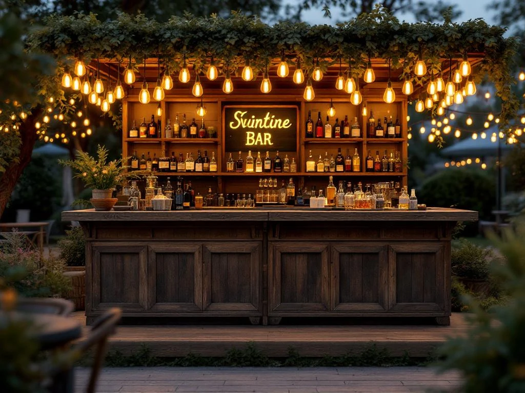 Vintage houten bar met Edison lampen en messing accenten op elegant buitenevenement 's avonds