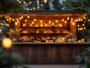 Vintage houten bar met Edison lampen en koperen accenten bij elegant buitenevenement in de avond