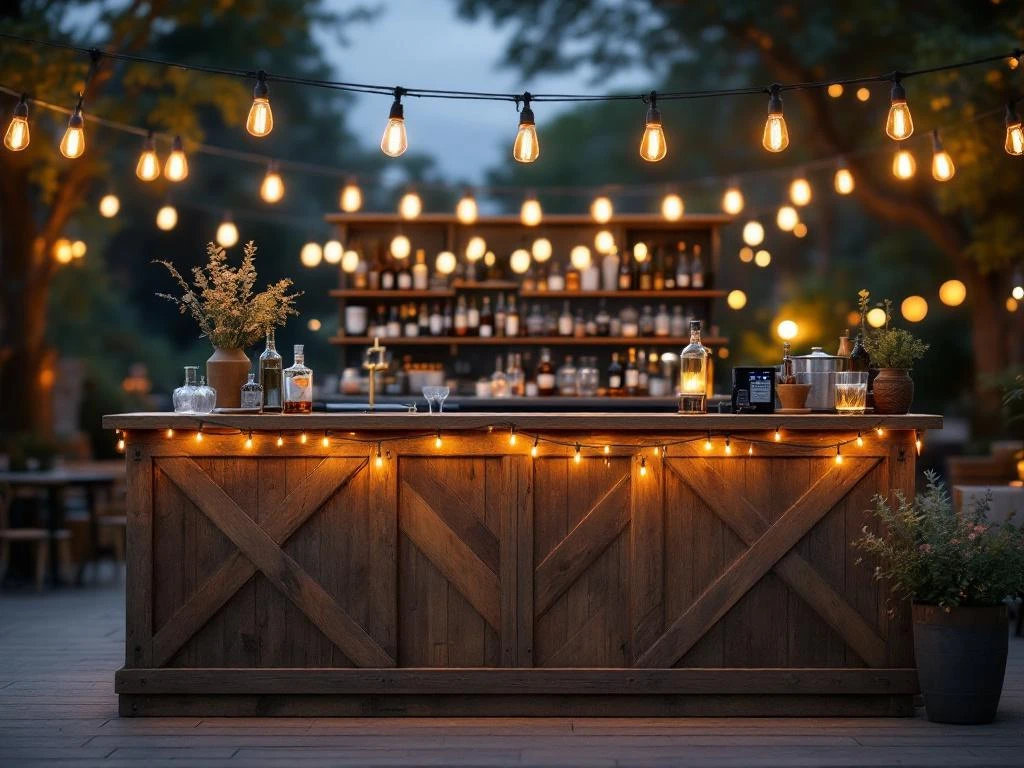 Vintage houten bar met Edison lampen en koperen accenten op elegant buitenevenement, flessen en glaswerk zichtbaar