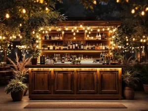 Vintage houten bar met Edison lampen en koperen accenten op elegant buitenevenement 's avonds