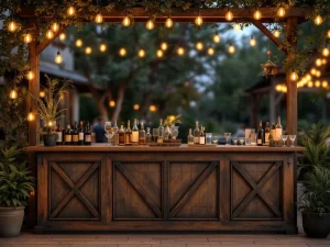 Vintage houten bar met Edison lampen en messing accenten op elegant buitenevenement met warme sfeerverlichting