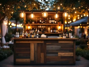 Vintage houten bar met Edison verlichting op elegant buitenevenement, warm sfeervolle gloed met bokeh achtergrond