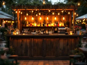 Vintage houten bar met Edison verlichting op elegant buitenevenement, flessen en glazen netjes gerangschikt