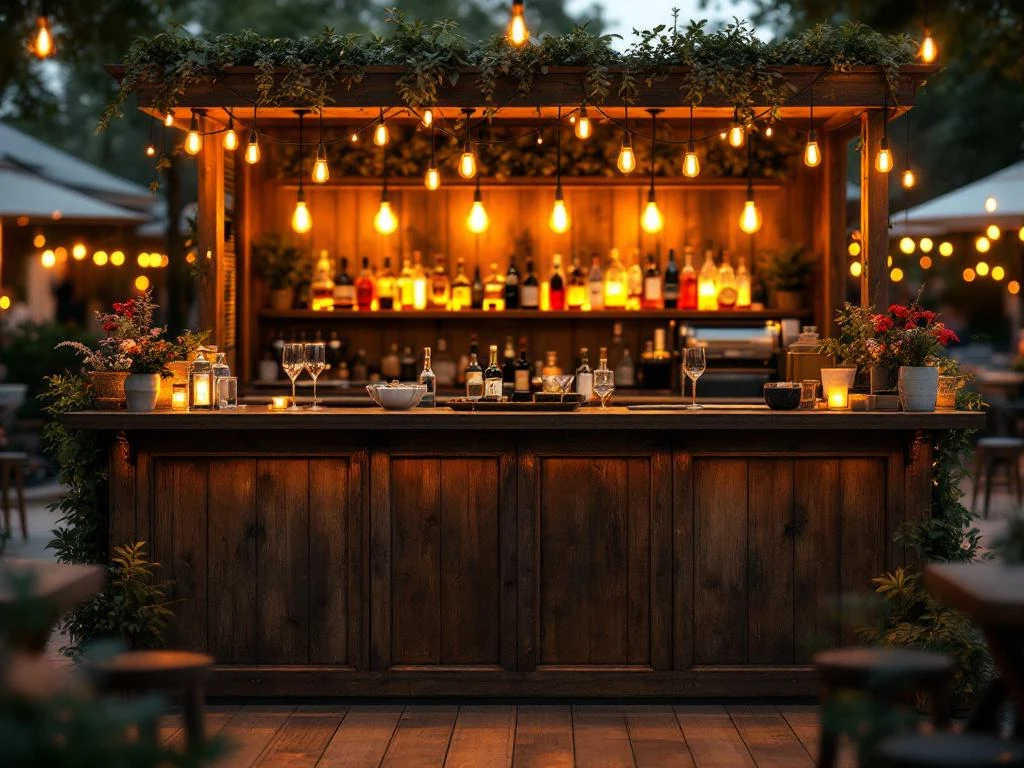 Vintage houten bar met Edison verlichting op elegant buitenevenement, flessen en glazen netjes gerangschikt