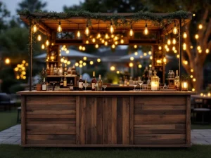 Vintage houten bar met Edison lampen en messing accenten op elegant buitenevenement met warme sfeerverlichting