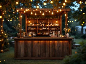 Vintage houten bar met Edison verlichting en koperen accenten op elegant outdoor evenement