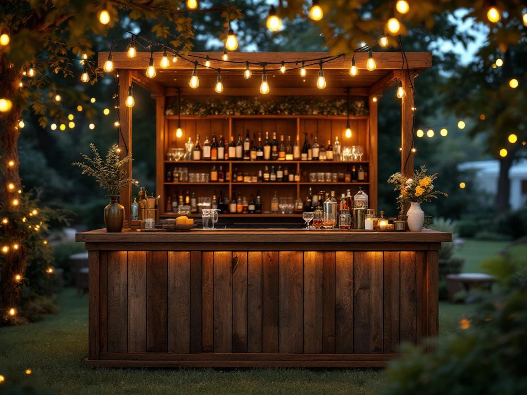 Vintage houten bar met Edison verlichting en koperen accenten op elegant outdoor evenement