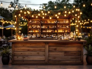 Vintage houten bar met Edison verlichting en messing accenten op elegant buitenevenement 's avonds