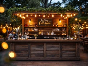 Vintage houten bar met Edison lampen en koperen accenten op elegant buitenevenement, flessen en glazen op achtergrond