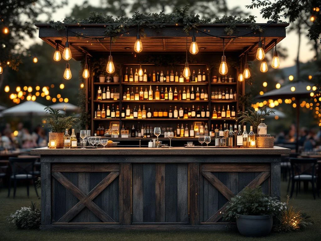 Vintage houten bar met Edison lampen en koperen accenten op elegant buitenevenement met warme sfeerverlichting