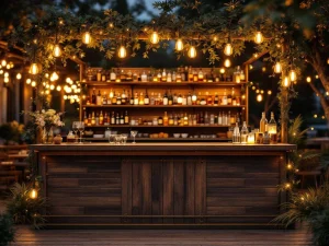 Vintage houten bar met Edison verlichting en koperen accenten op elegant buitenevenement 's avonds
