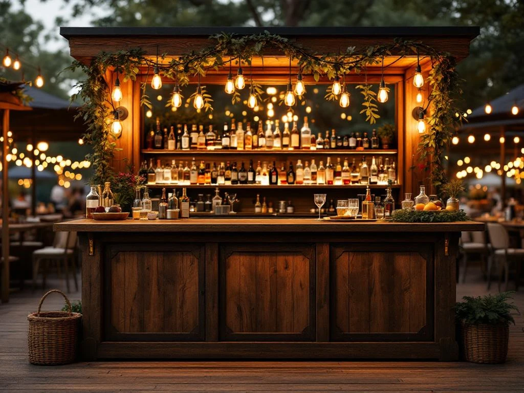 Vintage houten bar met Edison verlichting en messing accenten op elegant buitenevenement, flessen en glazen zichtbaar