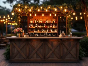 Vintage houten bar met Edison lampen en messing accenten op elegant buitenevenement, warme sfeerverlichting