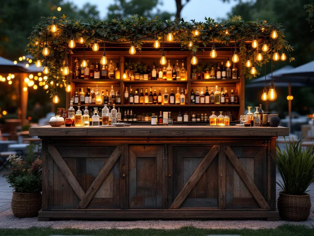 Vintage houten bar met Edison lampen en koperen accenten op elegant buitenevenement 's avonds
