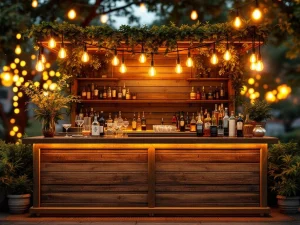 Vintage houten bar met Edison lampen en messing accenten op elegant buitenevenement 's avonds