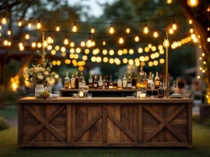 Elegante vintage houten bar met Edison-lampen en kristallen glazen op stijlvol buitenevenement in de avond