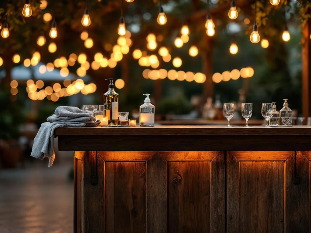 Vintage houten bar met Edison verlichting en glanzend glaswerk bij elegant buitenevenement 's avonds