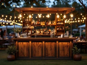 Vintage houten bar met Edison lampen en messing accenten op elegant buitenevenement 's avonds