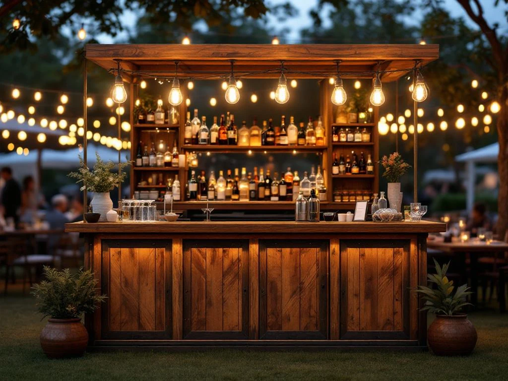 Vintage houten bar met Edison lampen en messing accenten op elegant buitenevenement 's avonds