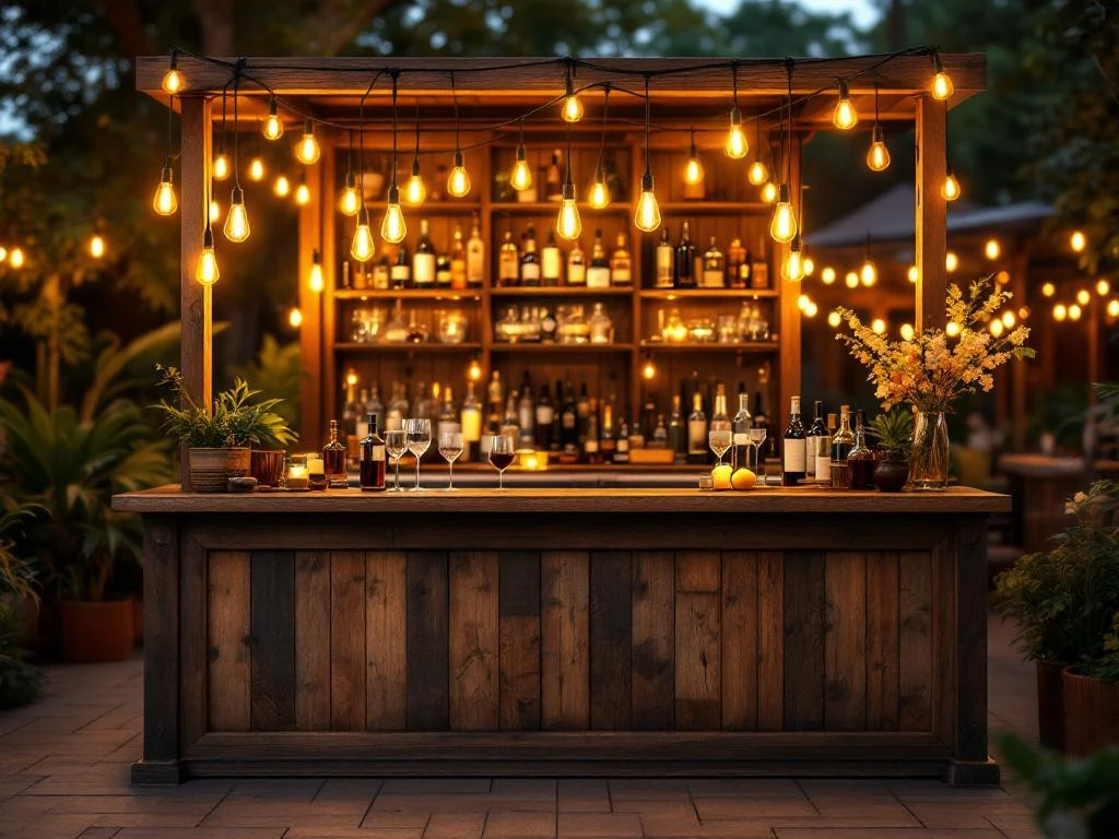 Vintage houten bar met Edison lampen en messing accenten op elegant buitenevenement, warme sfeerverlichting