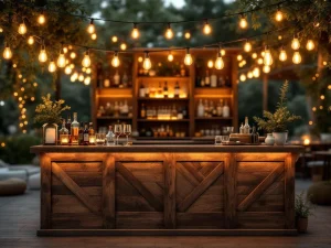 Vintage houten bar met Edison lampen en koperen accenten op elegante buitenevenement in de avond