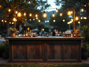 Vintage houten bar met Edison lampen en messing accenten op elegant buitenevenement 's avonds