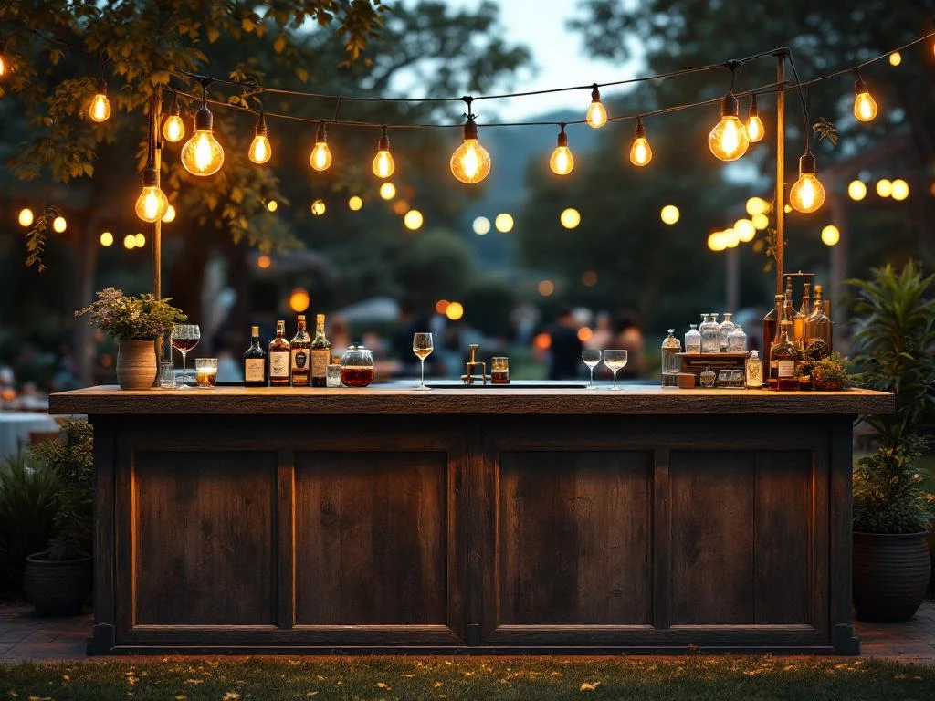 Vintage houten bar met Edison lampen en messing accenten op elegant buitenevenement 's avonds