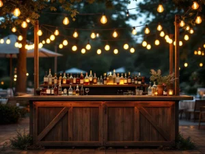 Vintage houten bar met Edison lampen en koperen accenten op elegant buitenevenement met warme sfeerverlichting