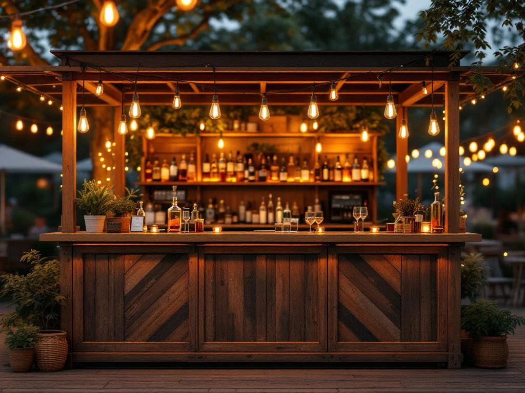 Vintage houten bar met Edison lampen en messing accenten op elegant outdoor evenement met warme sfeerverlichting