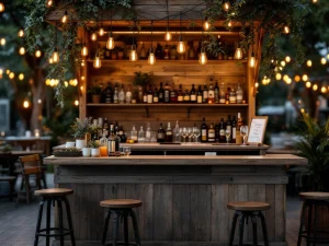 Vintage houten bar met Edison verlichting en messing accenten op elegant outdoor evenement