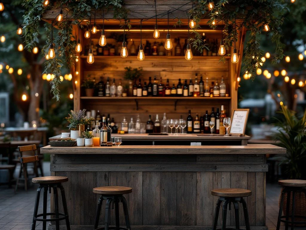Vintage houten bar met Edison verlichting en messing accenten op elegant outdoor evenement