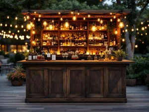 Vintage houten bar met Edison lampen en messing accenten op elegant buitenevenement, warme sfeerverlichting