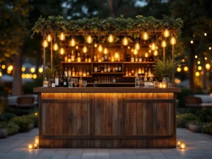 Vintage houten bar met Edison lampen en koperen accenten op elegante outdoor avondevenement
