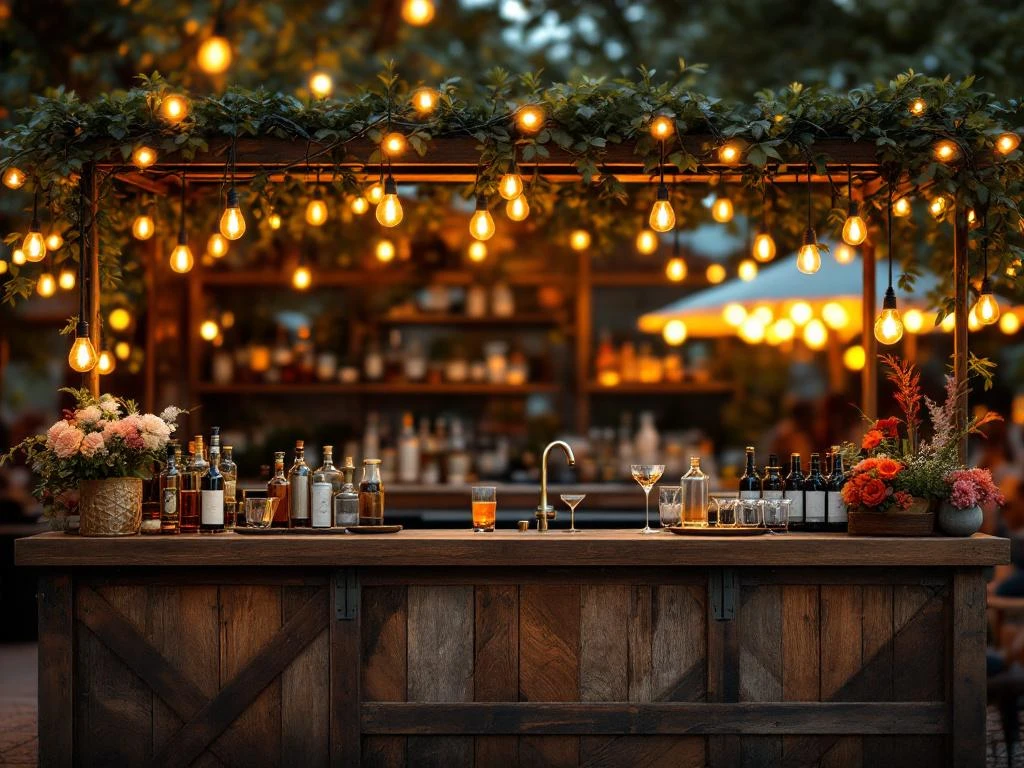 Vintage houten bar met Edison verlichting op elegant buitenevenement, georganiseerde werkruimte met flessen en glazen
