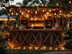 Vintage houten bar met Edison verlichting en messing accenten op elegante buitenevenement