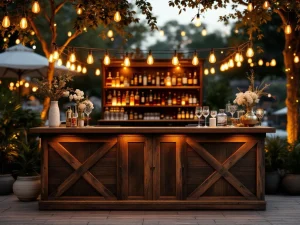Vintage houten bar met Edison lampen en kristallen glazen op elegante buitenevenement met warme sfeerverlichting
