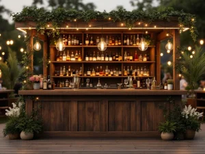 Vintage houten bar met Edison lampen en messing accenten op elegant buitenevenement met warme sfeerverlichting