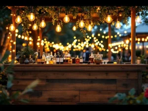 Vintage houten bar met Edison lampen en koperen accenten op elegant buitenevenement 's avonds