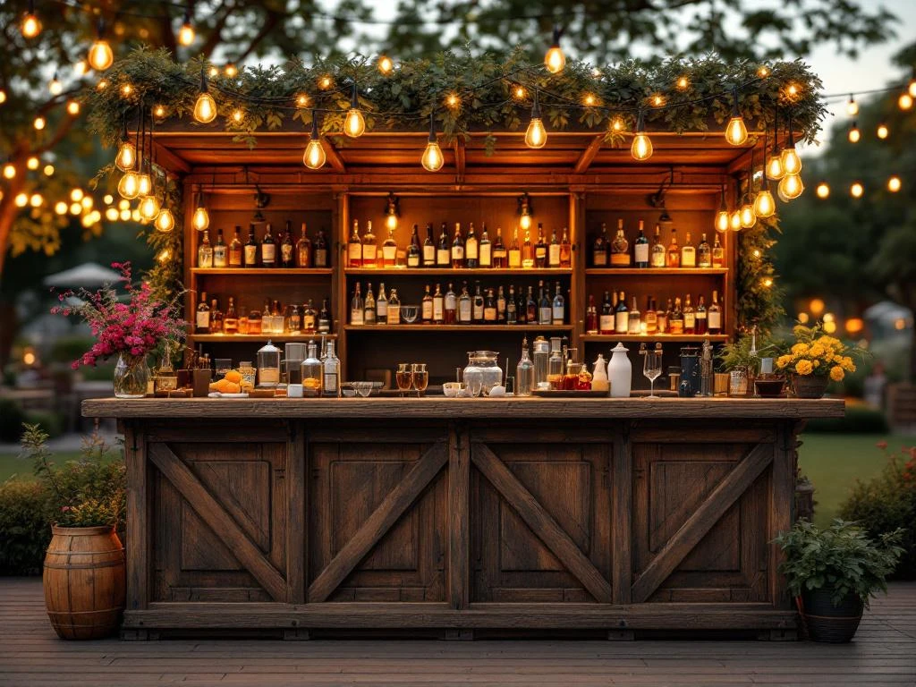 Vintage houten bar met Edison lampen en messing accenten op elegant buitenevenement tijdens avonduren