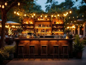 Vintage houten bar met Edison lampen en messing accenten op elegant buitenevenement tijdens avonduren