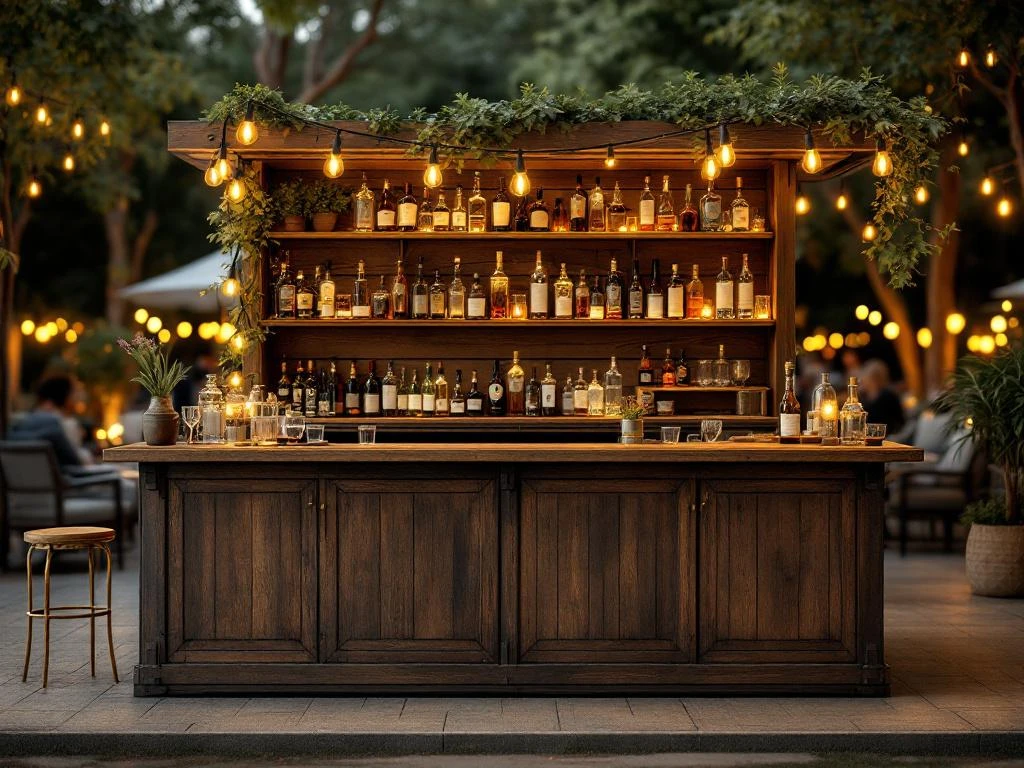 Vintage houten bar met Edison lampen en koperen accenten op elegant buitenevenement 's avonds