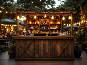 Vintage houten bar met Edison lampen en messing accenten op elegant buitenevenement 's avonds