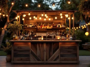 Vintage houten bar met Edison lampen en messing accenten op elegant outdoor evenement met warme sfeerverlichting