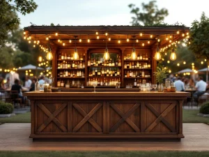 Vintage houten bar met Edison lampen en messing accenten op elegant buitenevenement, warm gouden licht en bokeh effect