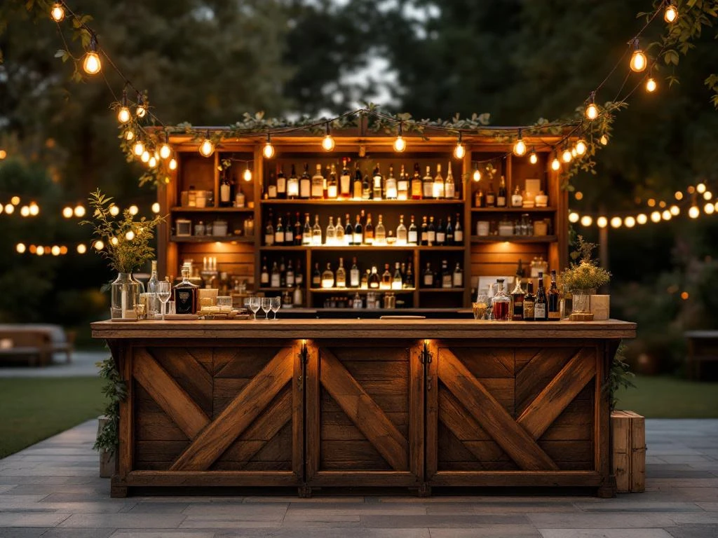 Vintage houten bar met Edison lampen en georganiseerde opslag tijdens elegant buitenevenement in de avond