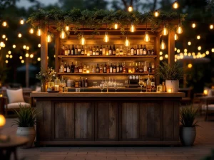 Vintage houten bar met Edison lampen en warme verlichting op elegant buitenevenement met flessen en glaswerk