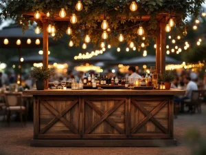 Vintage houten bar met Edison lampen en glazen op elegant buitenfestival 's avonds