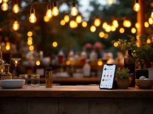 Vintage houten bar met Edison verlichting en smartphone met social media iconen bij elegant buiten evenement