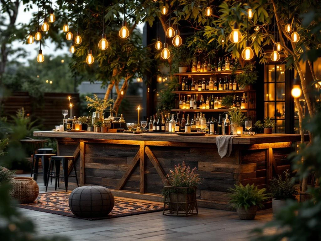 Elegante vintage houten bar met Edison lampen en duurzame bamboe accenten tijdens luxe outdoor evenement