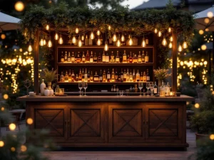 Vintage houten bar met Edison verlichting en kristallen glazen op luxe VIP evenement 's avonds